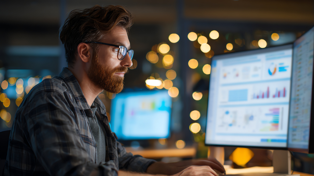 Analityk pracujący przed monitorami z wykresami i dashboardami systemu ERP.